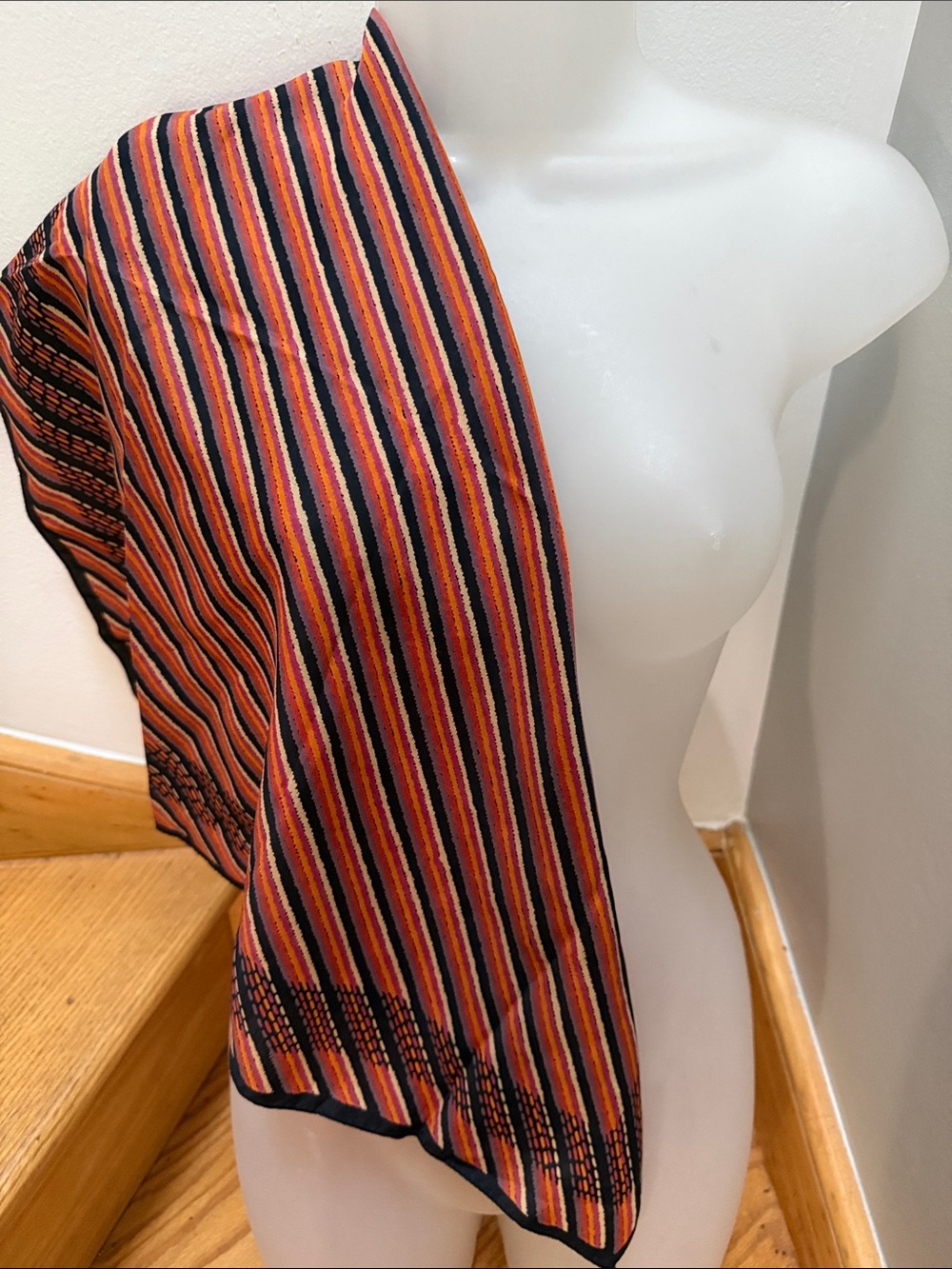 VTG Marshall Field’s Italian Geometric Scarf Black, orange, purple, pink, cream - Picture 2 of 16
